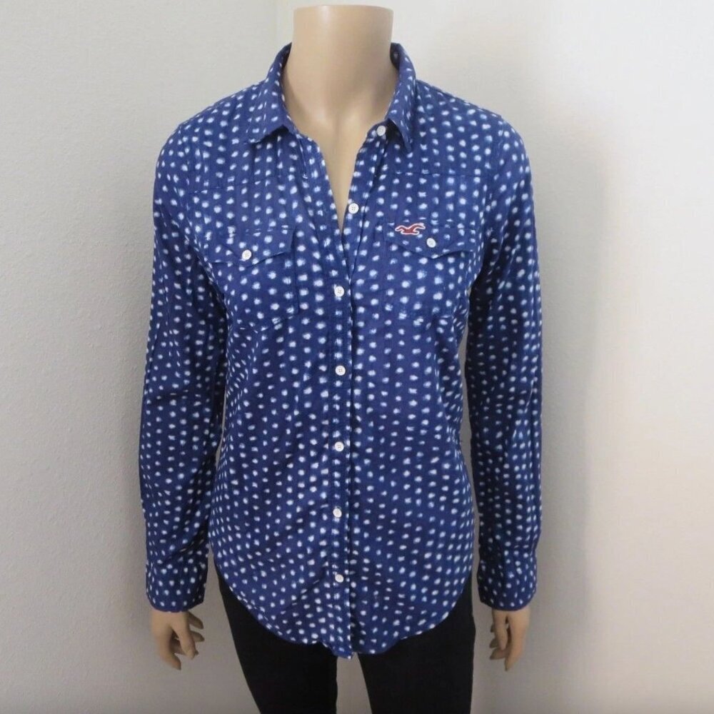 Hollister Polka Dot Button Down Shirt Size XS Top Navy Blue & White